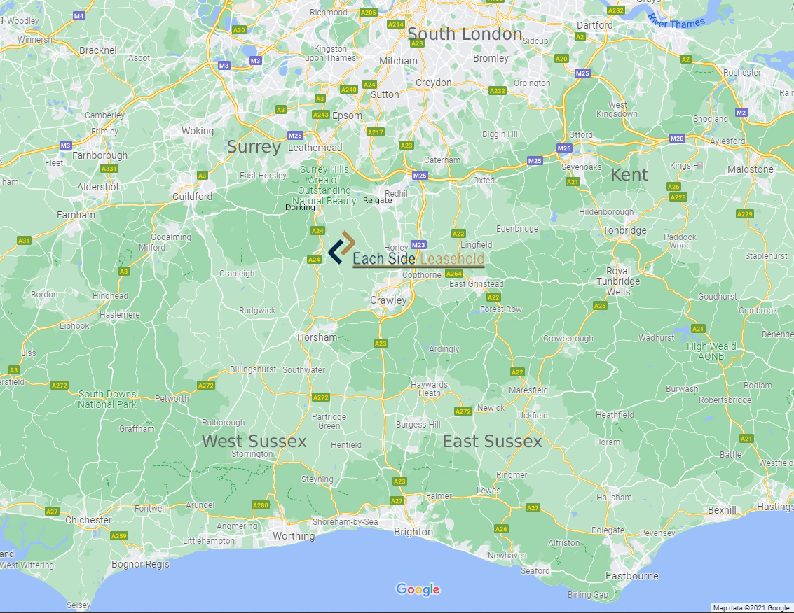Location Map of Each Side Leasehold in Newdigate, Surrey, from South London to Sussex, Kent and Hampshire